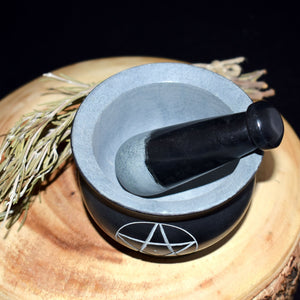 Medium Black Soapstone Mortar & Pestle With Pentacle - Witch Chest