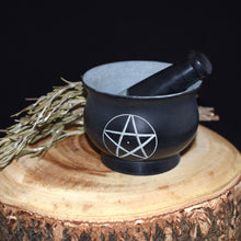 Load image into Gallery viewer, Medium Black Soapstone Mortar &amp; Pestle With Pentacle - Witch Chest